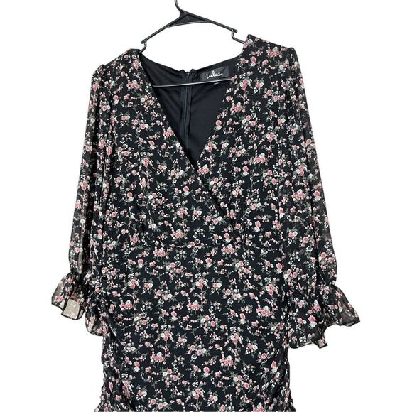 Lulus Estella Black Floral Print Ruched Ruffled Mini Dress Size M - Picture 2 of 11